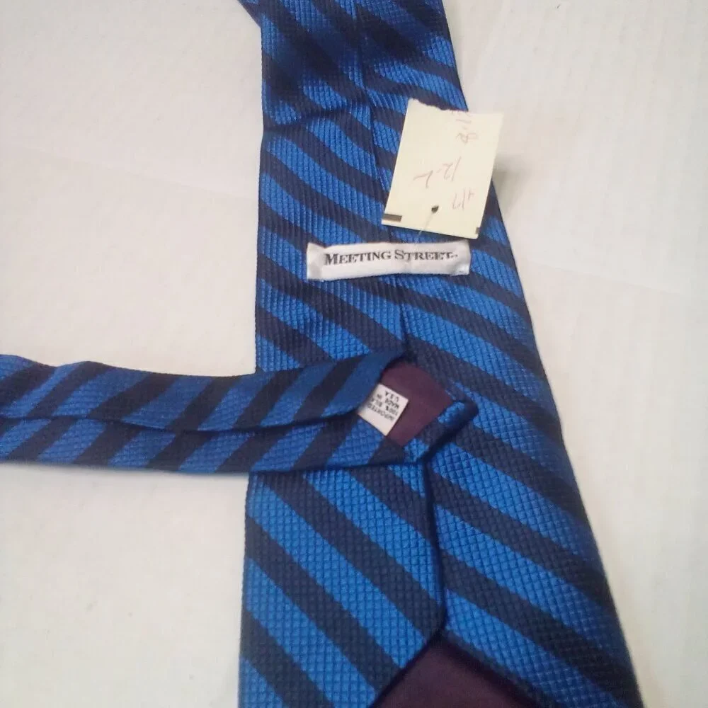 Meeting Street Tie Necktie 100% Silk Stripe Blue Black